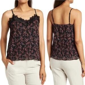 NWT Everleigh Pleated Lace Trim V-Neck Floral Cami Tank Top Black Women's Size M